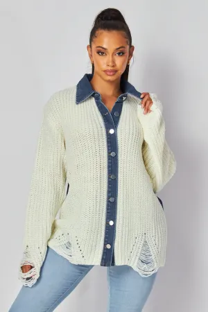 Africa Denim Contrast Distressed Knit Sweater Shacket