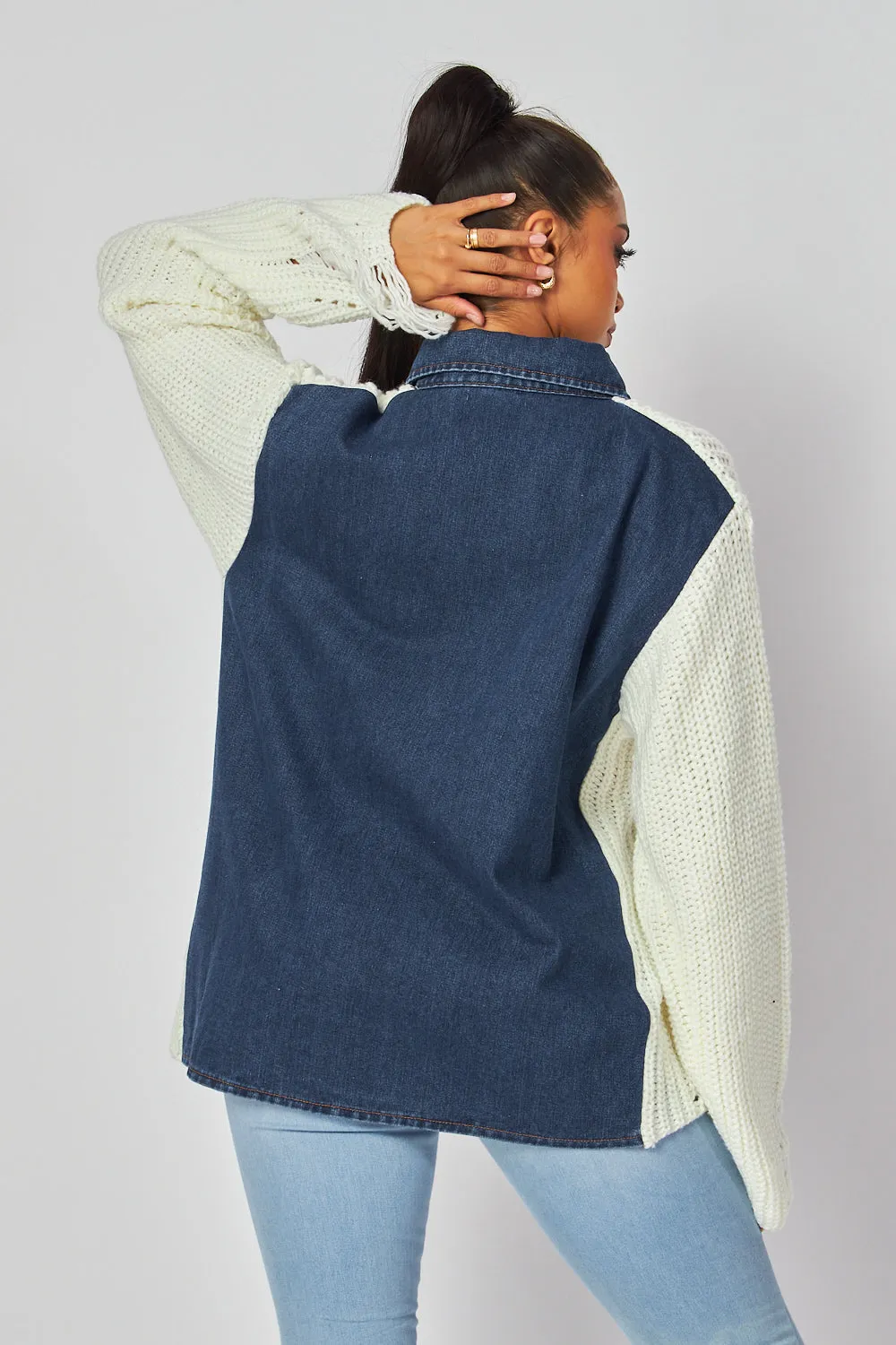 Africa Denim Contrast Distressed Knit Sweater Shacket