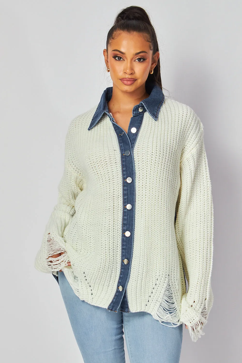 Africa Denim Contrast Distressed Knit Sweater Shacket