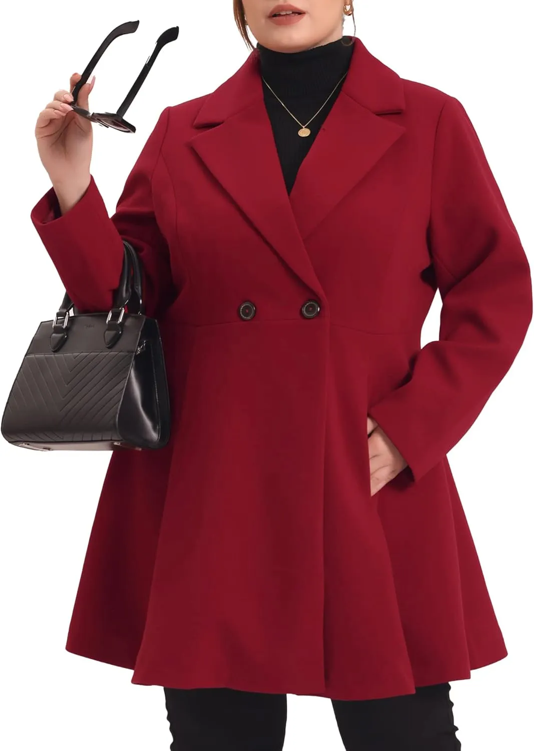 Agnes Orinda Plus Size Peacoat for Women Elegant A Line Notched Lapel Double Breasted Long Coat