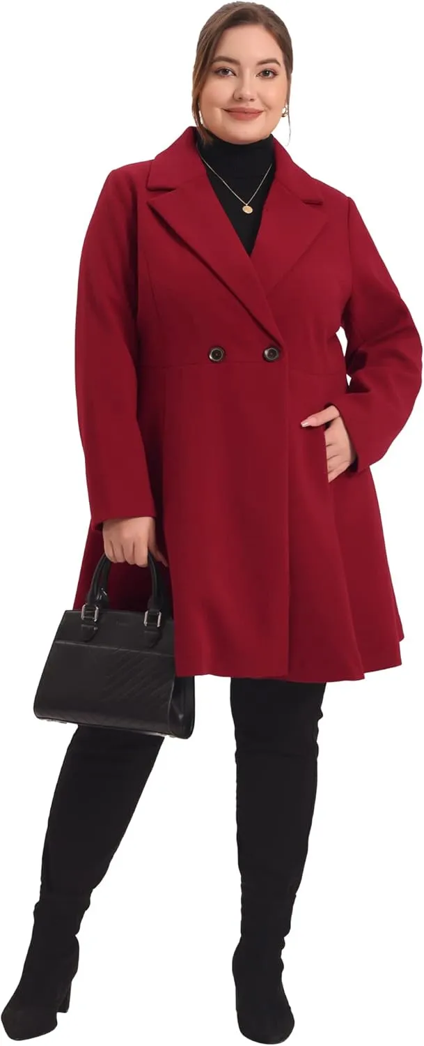 Agnes Orinda Plus Size Peacoat for Women Elegant A Line Notched Lapel Double Breasted Long Coat