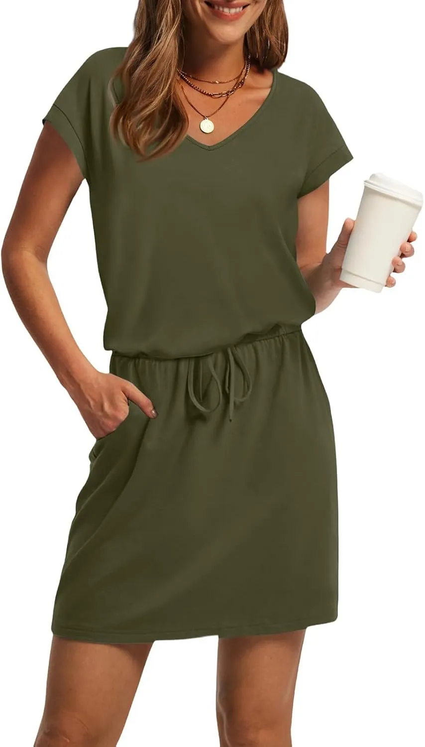 BAXLIMEK Mini Dresses for Women Summer Casual Loose V Neck Short Sleeve T Shirt Dress,Comfy Drawstring Striped Beach Dress