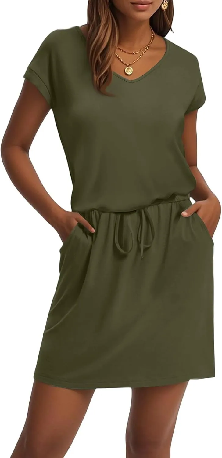 BAXLIMEK Mini Dresses for Women Summer Casual Loose V Neck Short Sleeve T Shirt Dress,Comfy Drawstring Striped Beach Dress