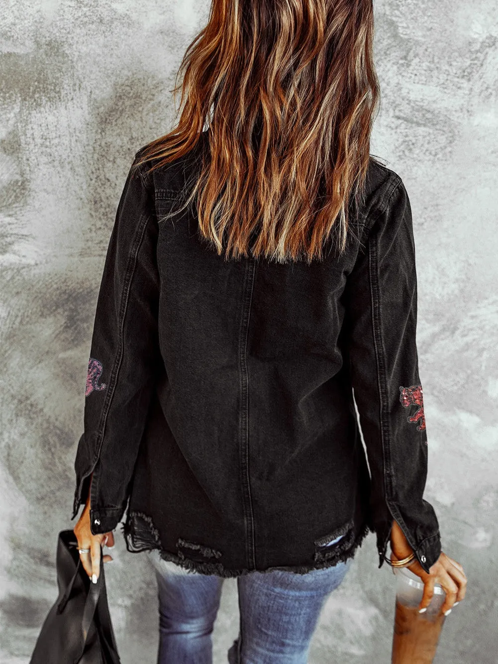 Black Distressed Denim Shirt Jacket