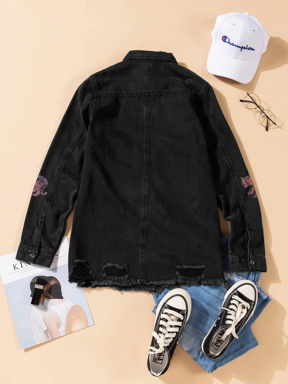 Black Distressed Denim Shirt Jacket