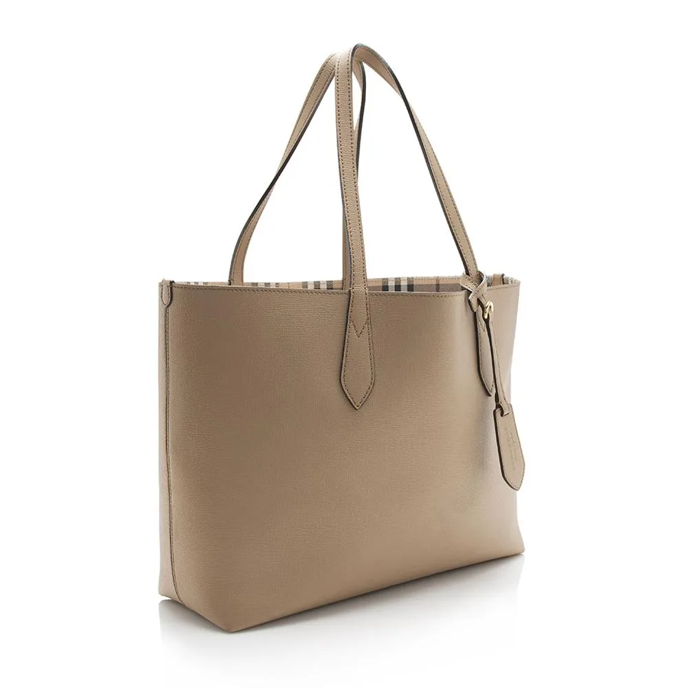 Burberry Leather Haymarket Check Reversible Medium Tote (SHF-12681)