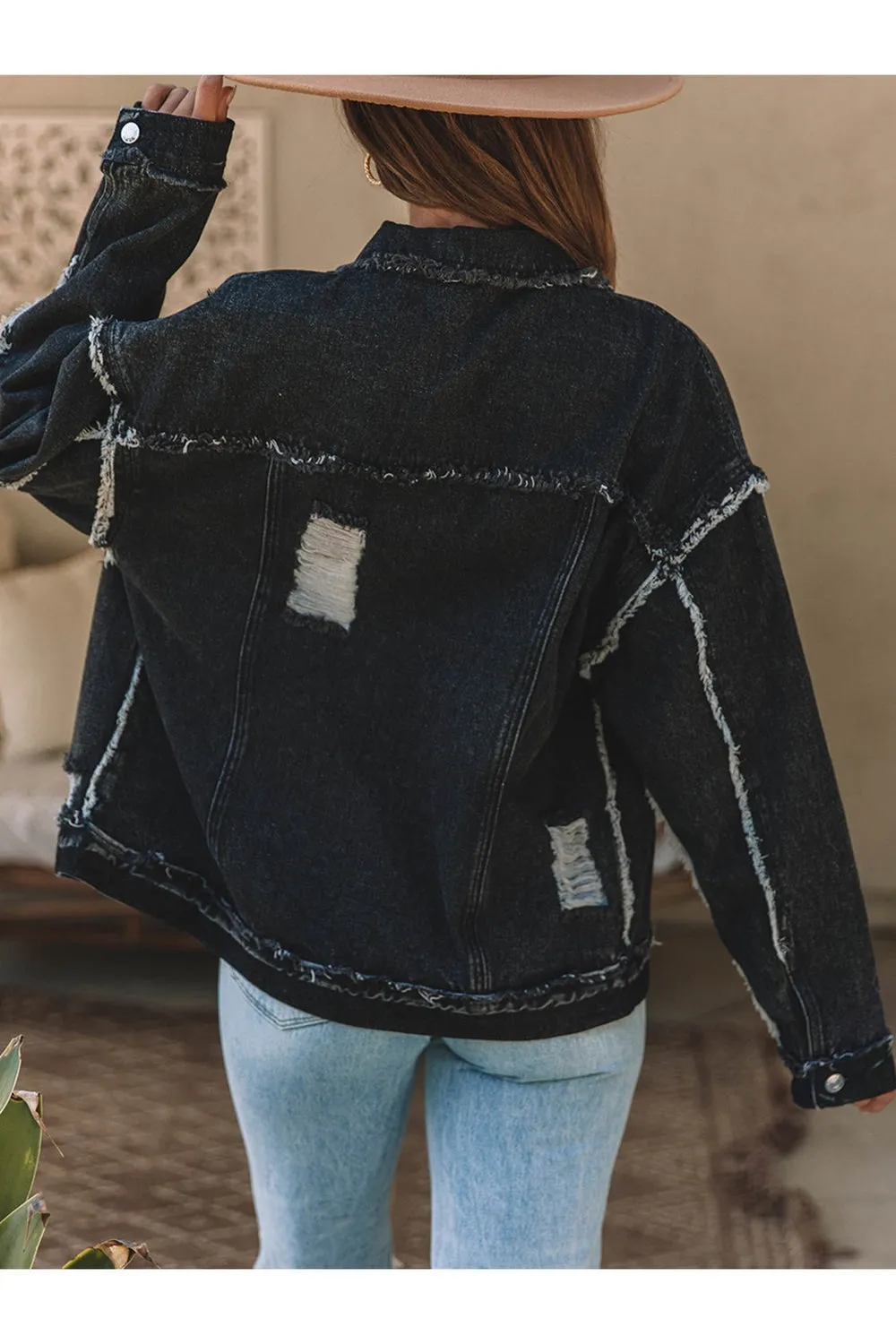 Button Up Raw Hem Distressed Denim Jacket