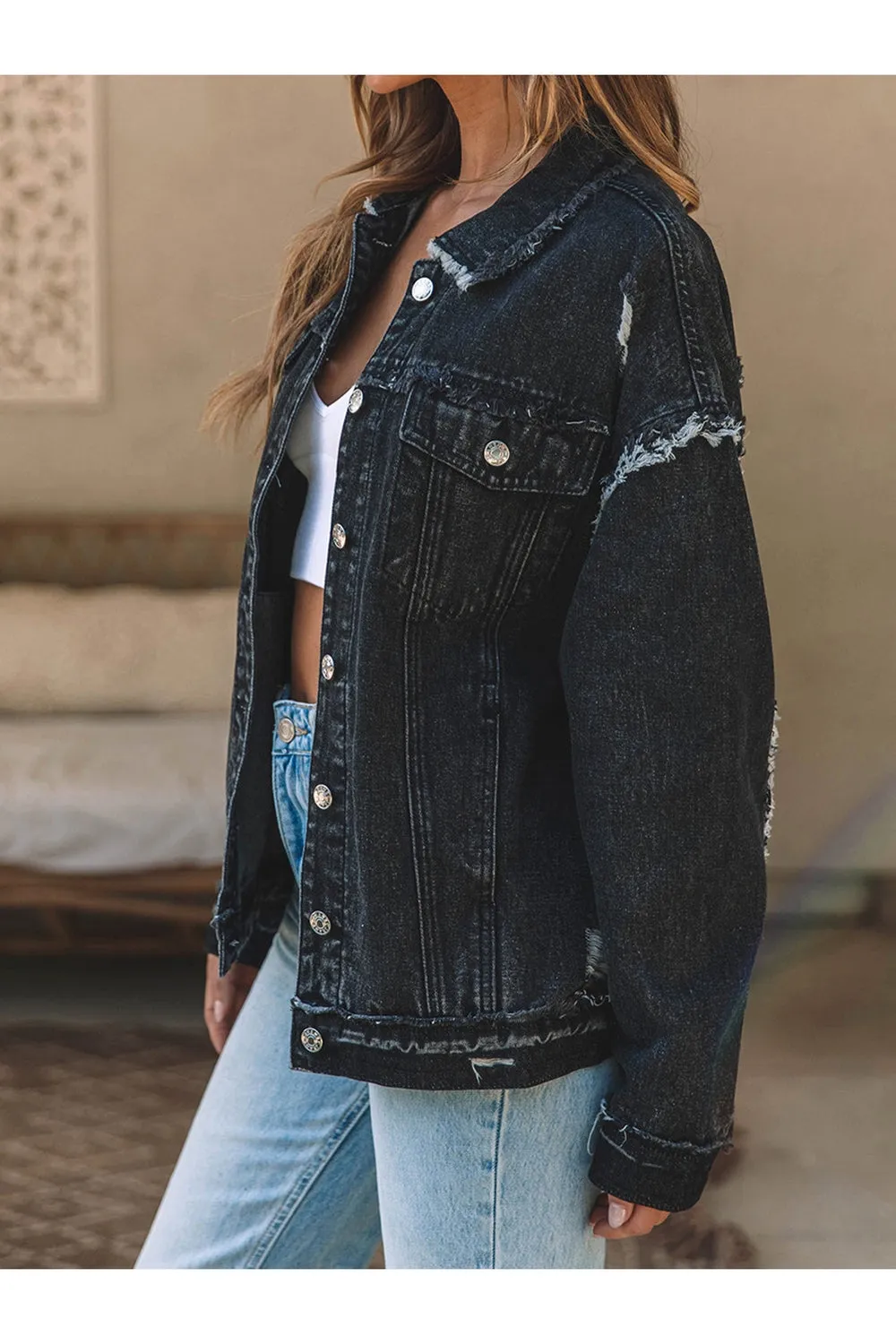 Button Up Raw Hem Distressed Denim Jacket