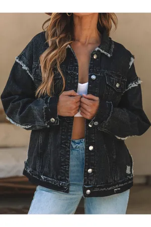 Button Up Raw Hem Distressed Denim Jacket
