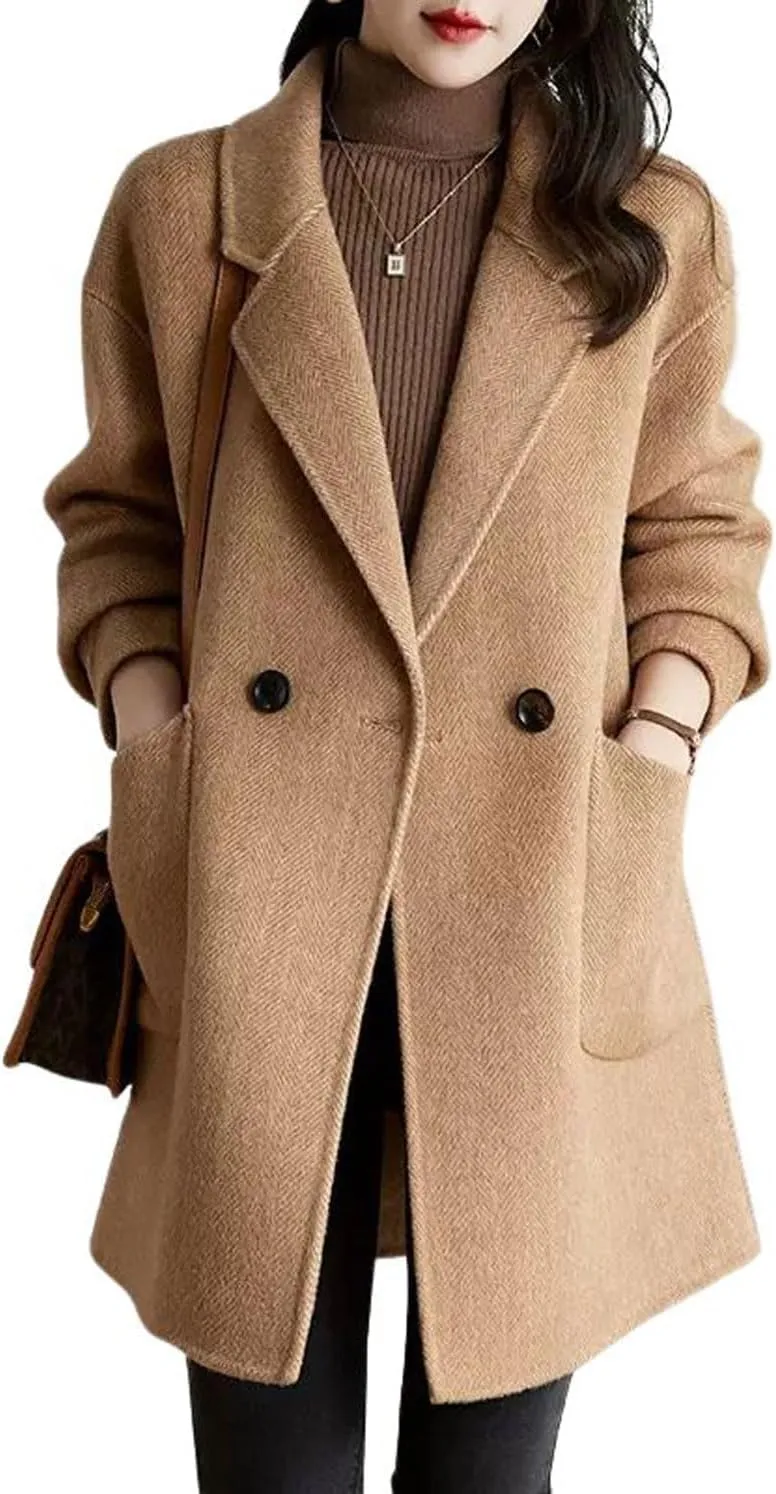 chouyatou Women's Notch Lapel Herringbone Wool Coat Formal Office Work Double Breasted Winter Pea Coat