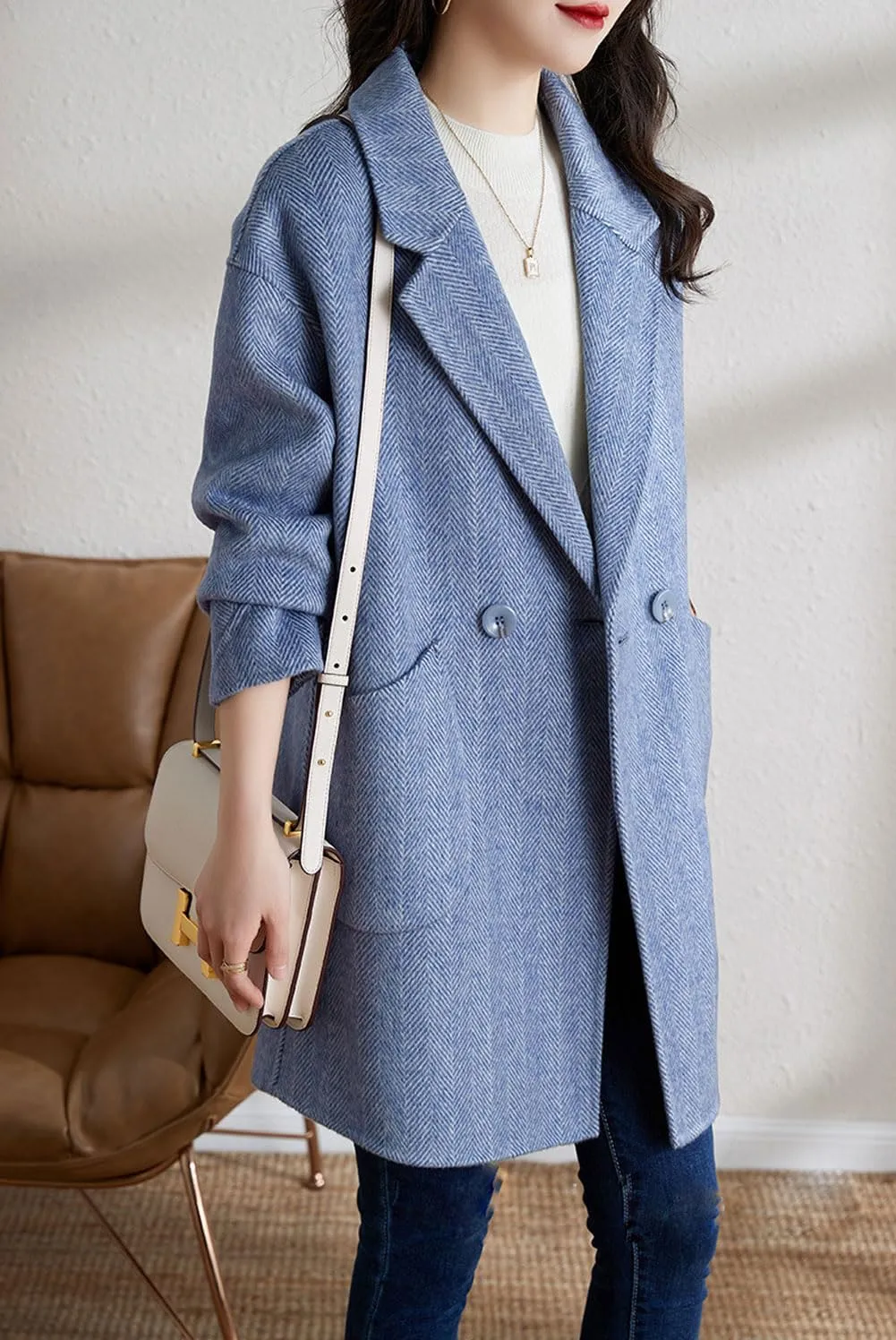 chouyatou Women's Notch Lapel Herringbone Wool Coat Formal Office Work Double Breasted Winter Pea Coat