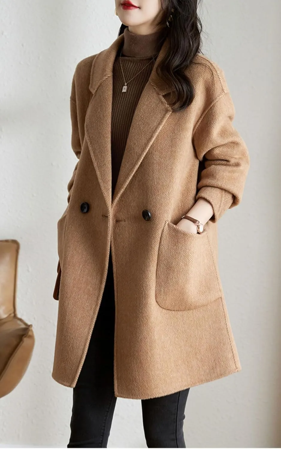chouyatou Women's Notch Lapel Herringbone Wool Coat Formal Office Work Double Breasted Winter Pea Coat