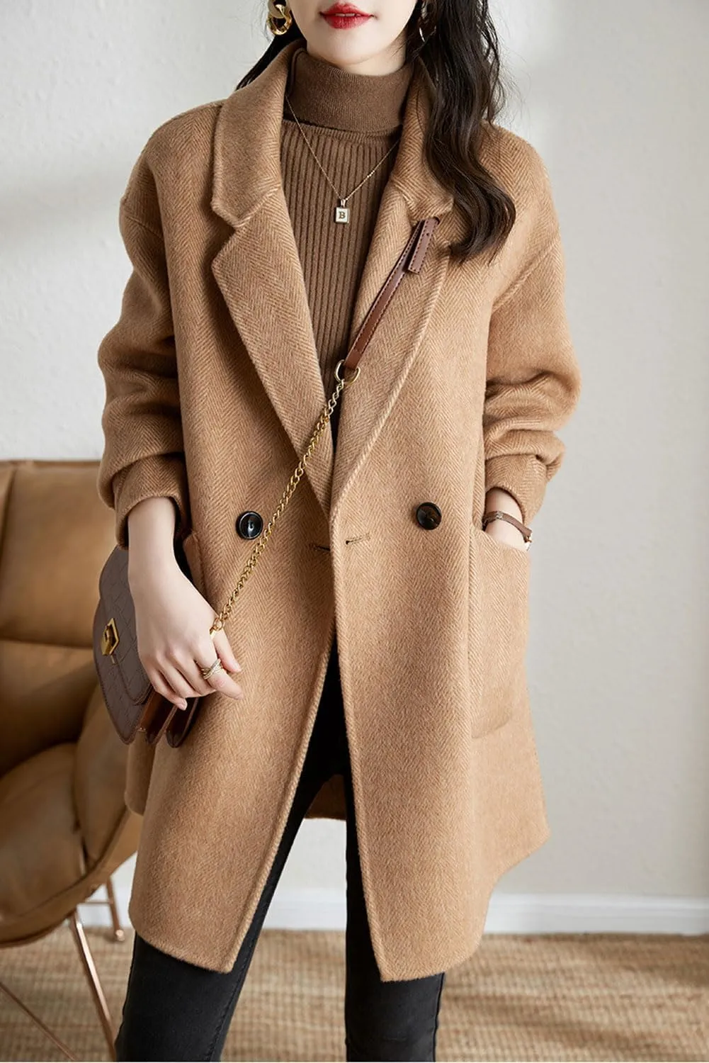chouyatou Women's Notch Lapel Herringbone Wool Coat Formal Office Work Double Breasted Winter Pea Coat
