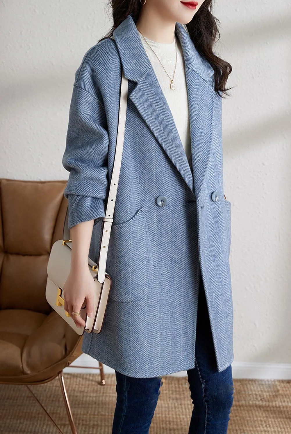 chouyatou Women's Notch Lapel Herringbone Wool Coat Formal Office Work Double Breasted Winter Pea Coat