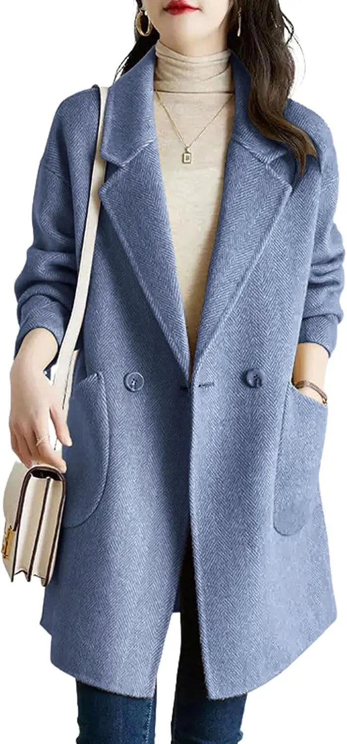 chouyatou Women's Notch Lapel Herringbone Wool Coat Formal Office Work Double Breasted Winter Pea Coat