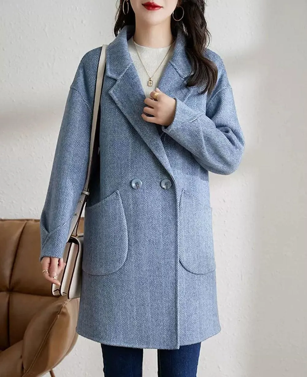 chouyatou Women's Notch Lapel Herringbone Wool Coat Formal Office Work Double Breasted Winter Pea Coat