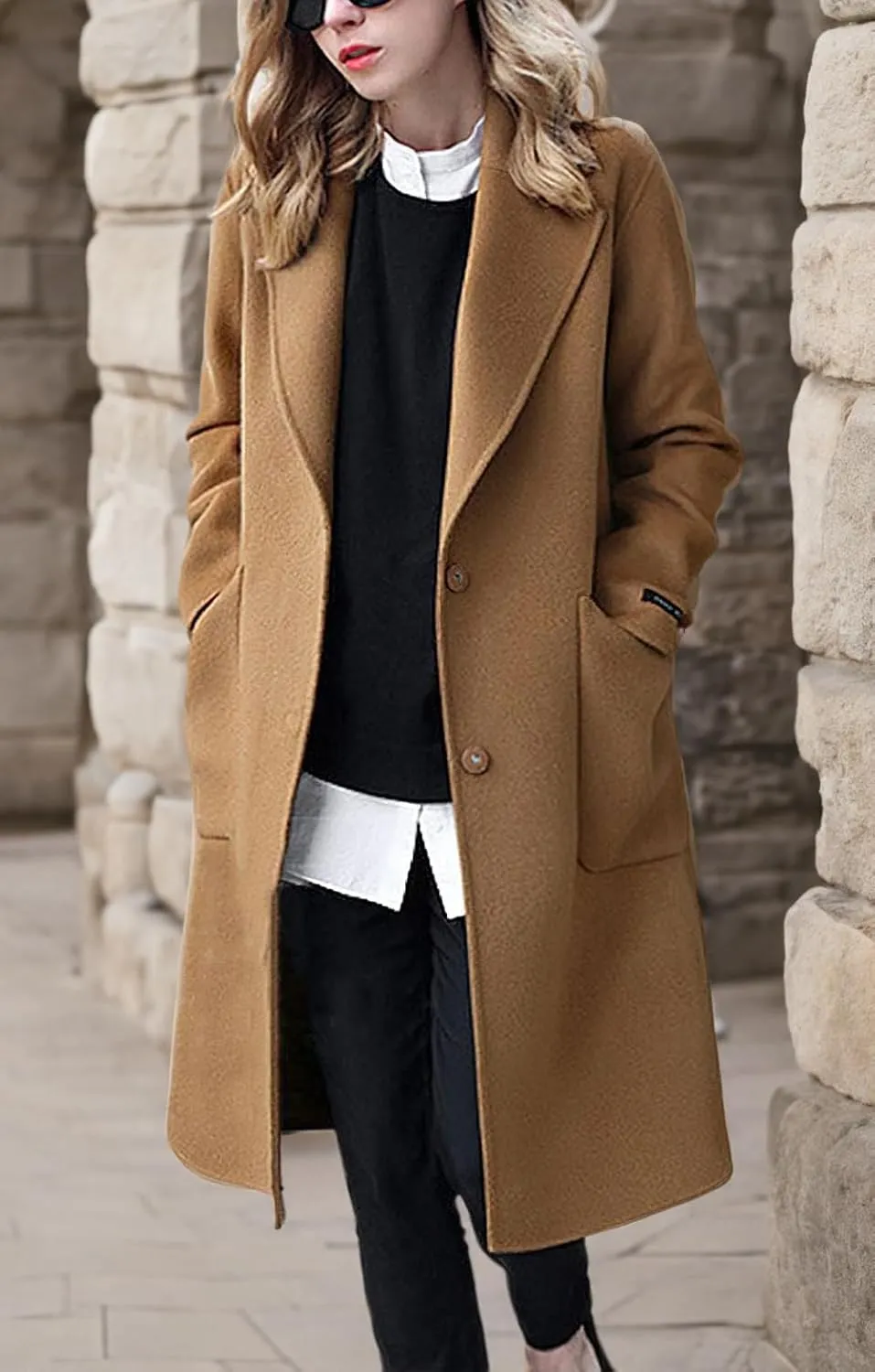 chouyatou Women's Winter Casual Single Breasted Long Wool Coat Formal Office Wool Overcoat