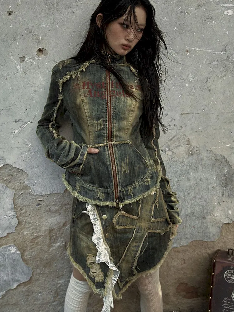 Distressed Denim Corset Jacket