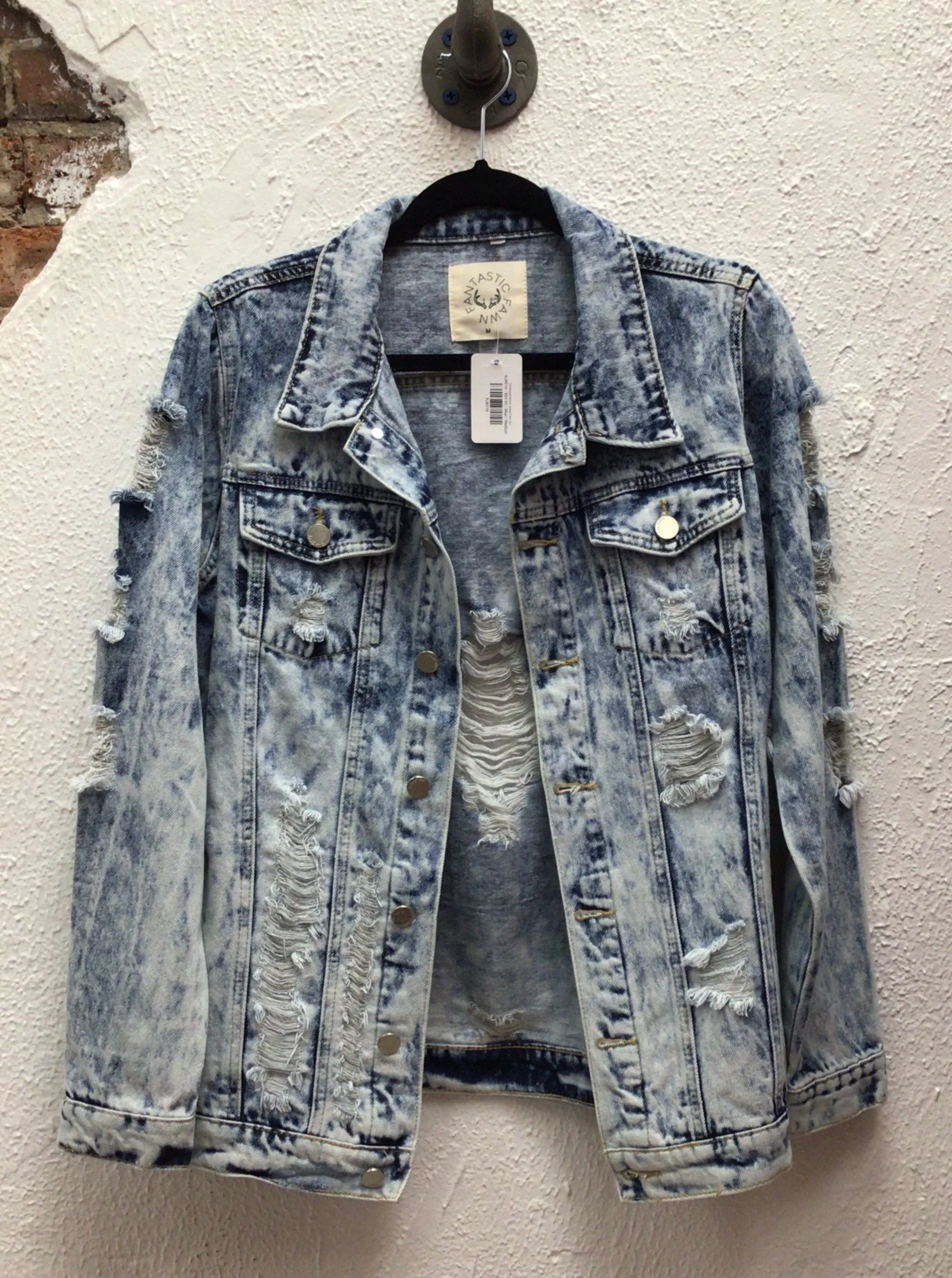 Distressed Denim Jacket Front Side Pockets/Buttoned Cuffs