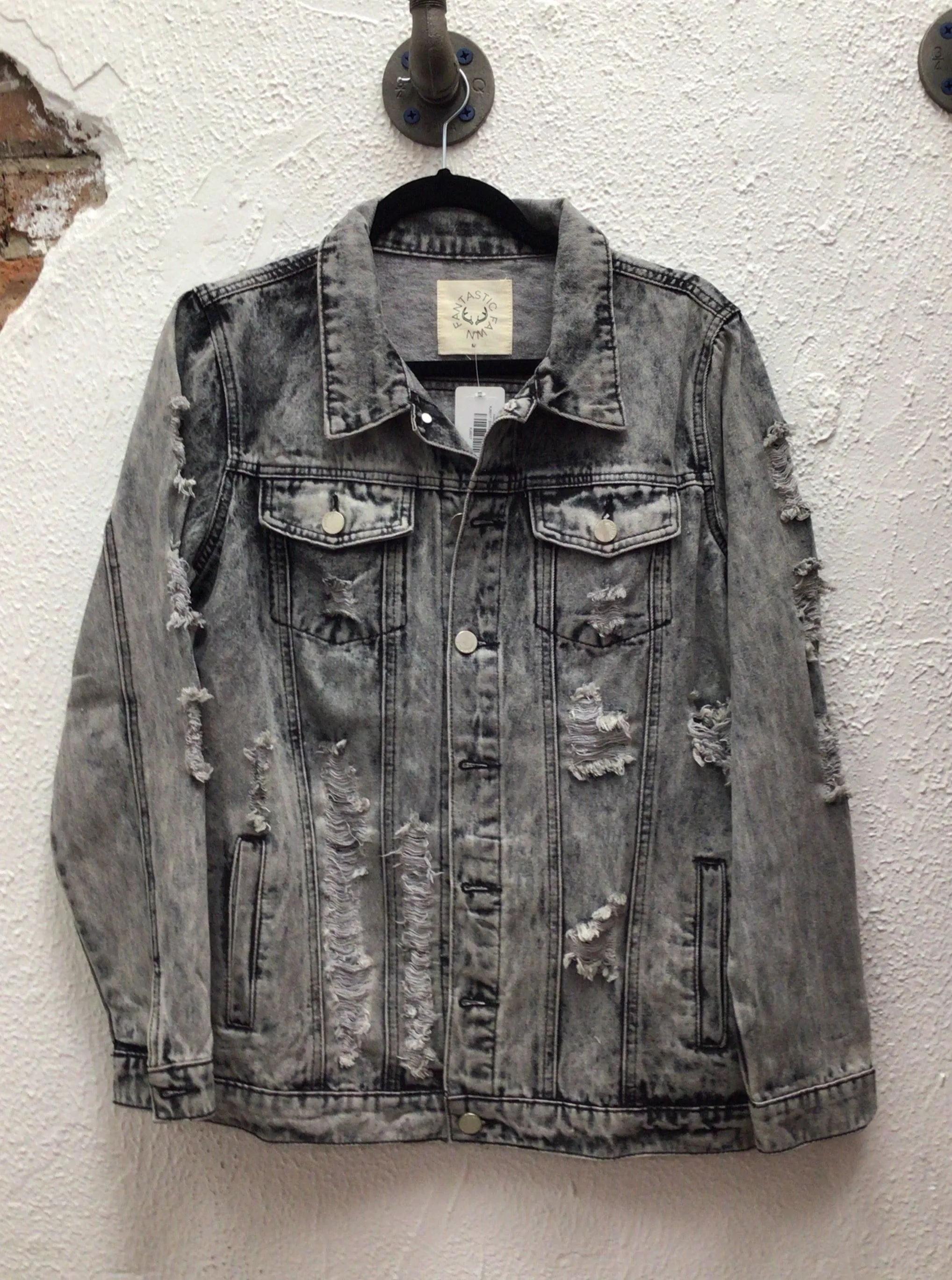 Distressed Denim Jacket Front Side Pockets/Buttoned Cuffs