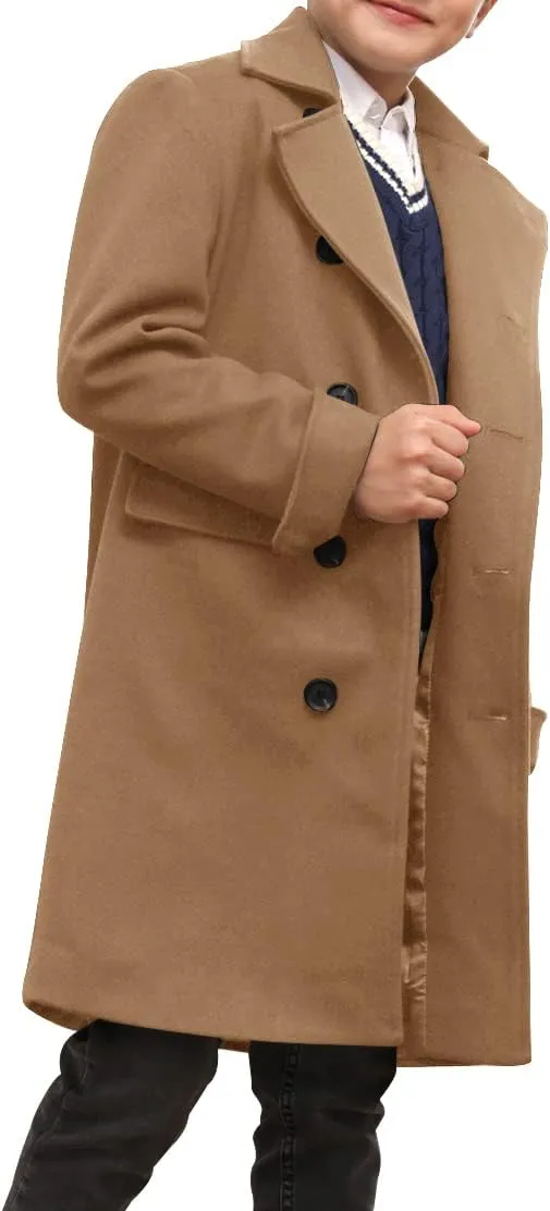 Ebifin Boys Notch Lapel Double Breasted Long Trench Coat Casual Classic Peacoat