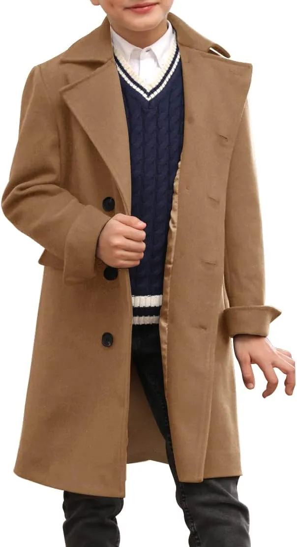 Ebifin Boys Notch Lapel Double Breasted Long Trench Coat Casual Classic Peacoat