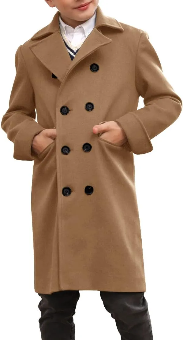 Ebifin Boys Notch Lapel Double Breasted Long Trench Coat Casual Classic Peacoat