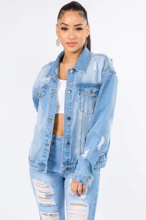 Edgy Distressed Graphic Denim Jacket with Long Sleeves by American Bazi