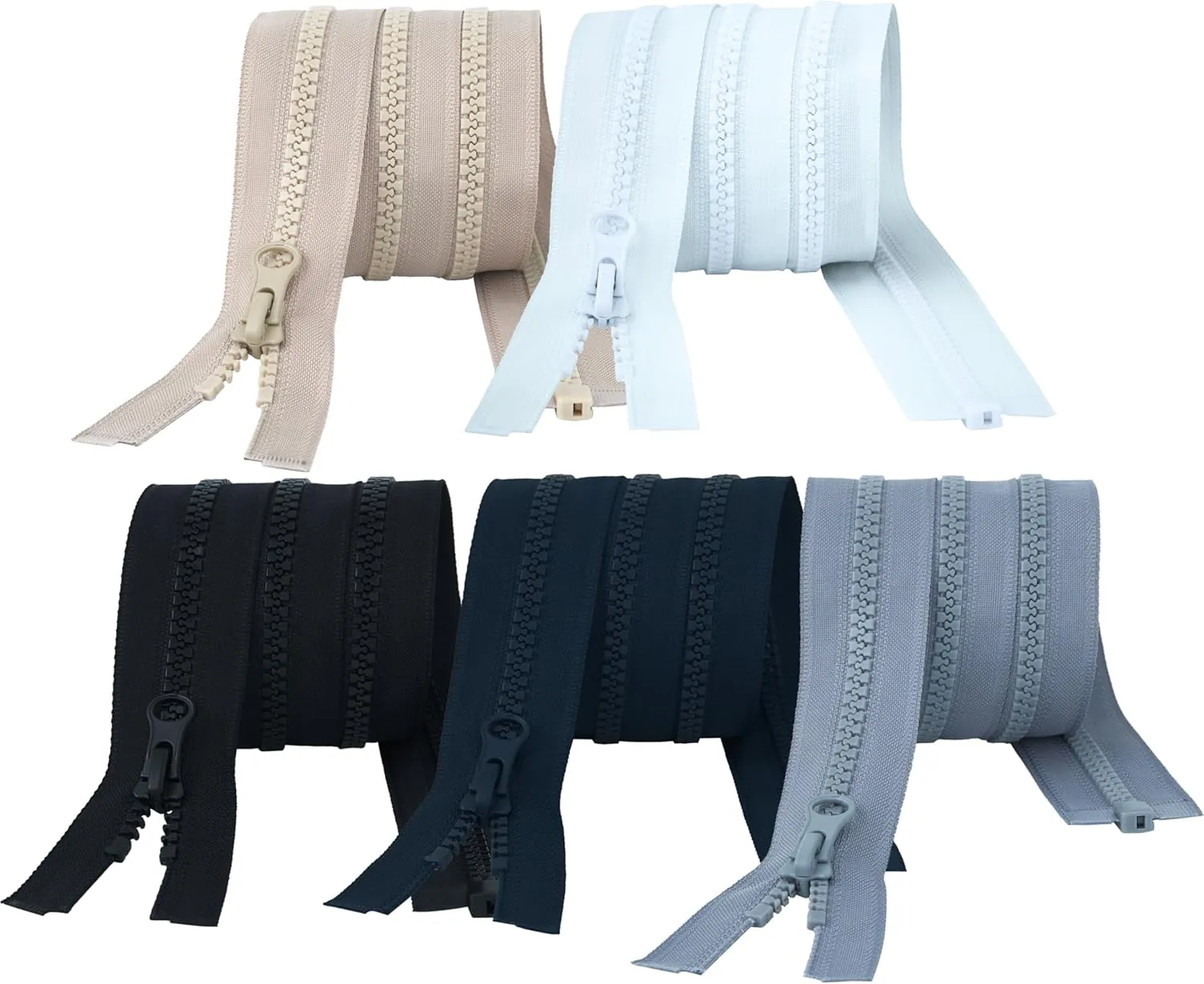 HKK #5 Separating Zipper, 28-inch, 5 Pcs, Plastic Open End Zipper, 5 Colors (Black, White, Beige, Navy Blue, Grey), Zipper Replacement for Coats, Jackets, Bags, Backpacks, Luggage, DIY Projects