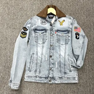 Ice Tone Rugged Washed Denim Cotton Knit Jacket for Men with Embroidery Patch & Suede Leather Collar