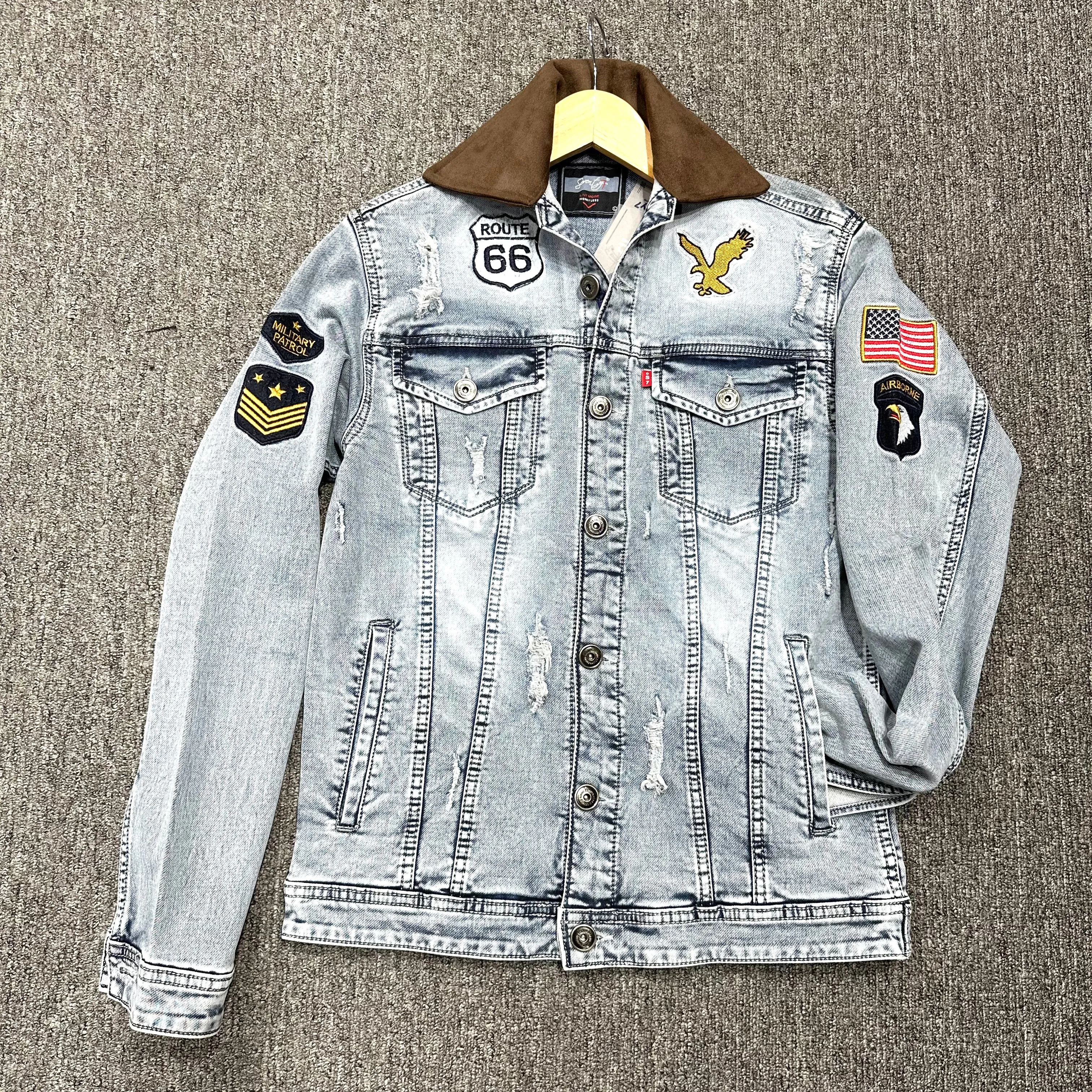 Ice Tone Rugged Washed Denim Cotton Knit Jacket for Men with Embroidery Patch & Suede Leather Collar