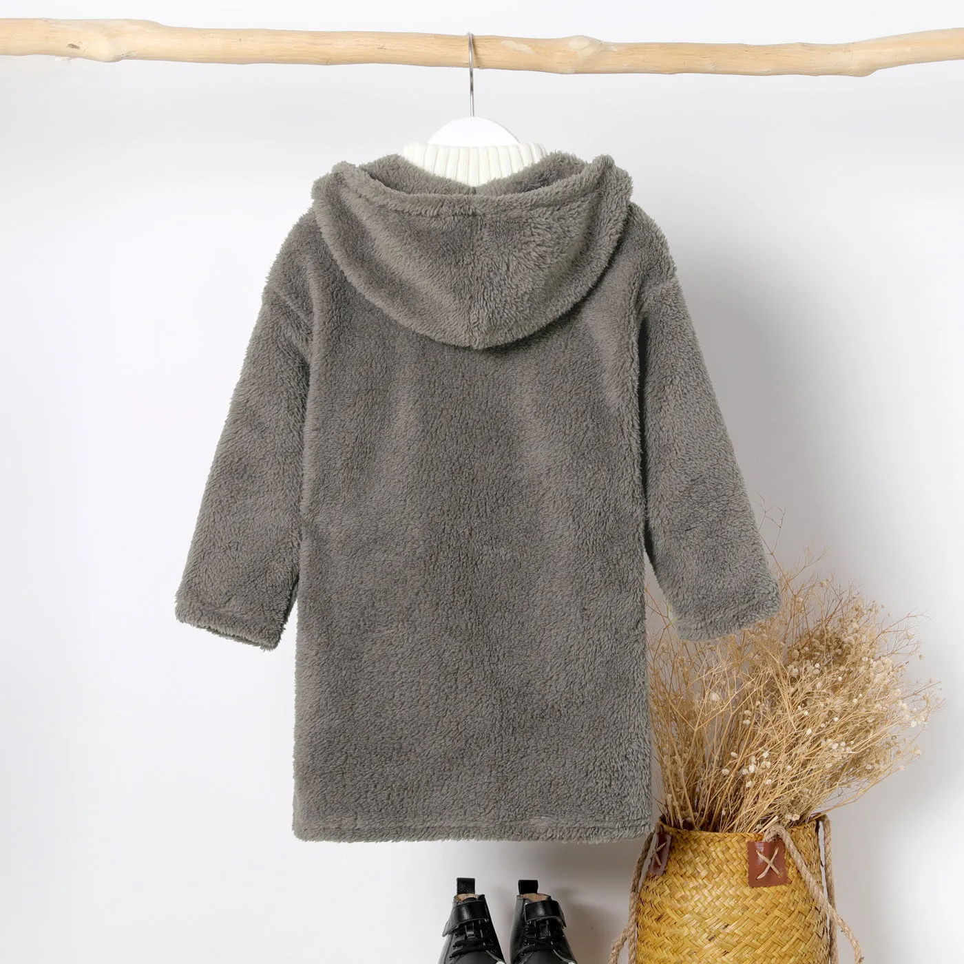 Kid Boy/Kid Girl Solid Color Hooded Fuzzy Coat Jacket