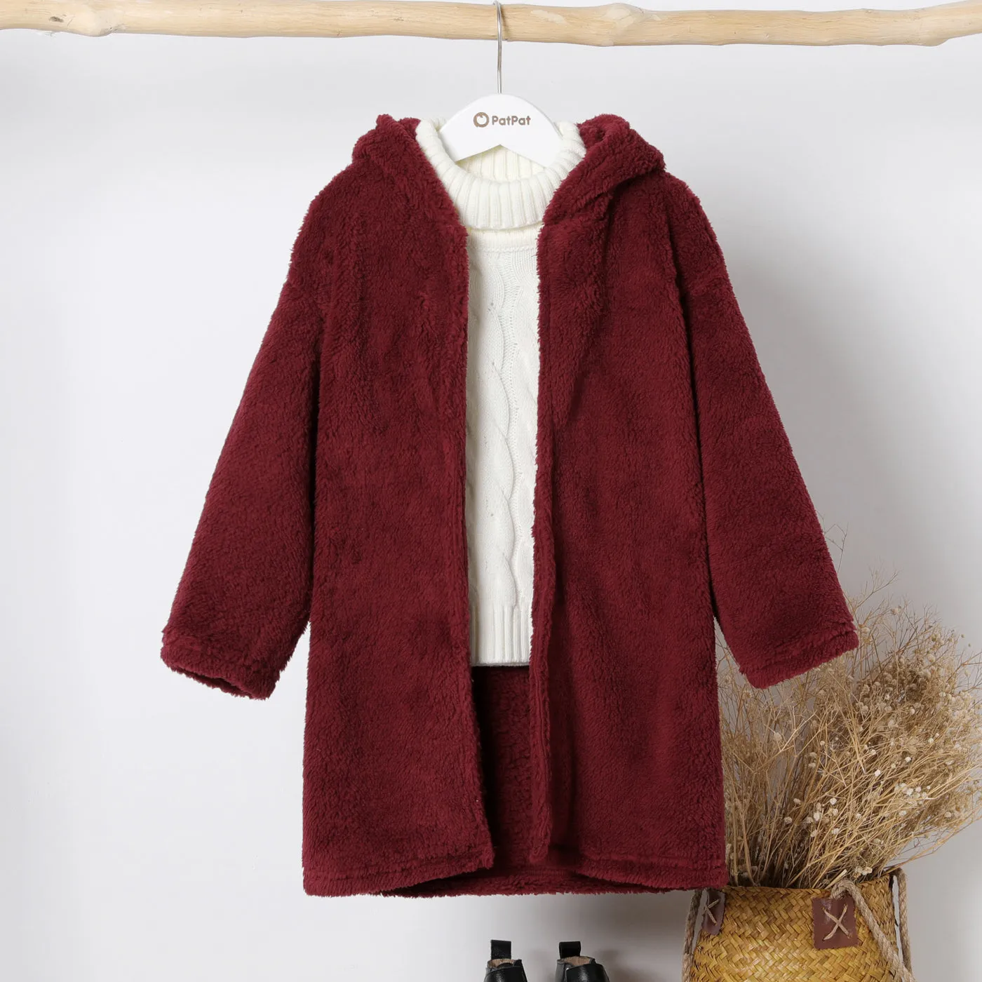 Kid Boy/Kid Girl Solid Color Hooded Fuzzy Coat Jacket