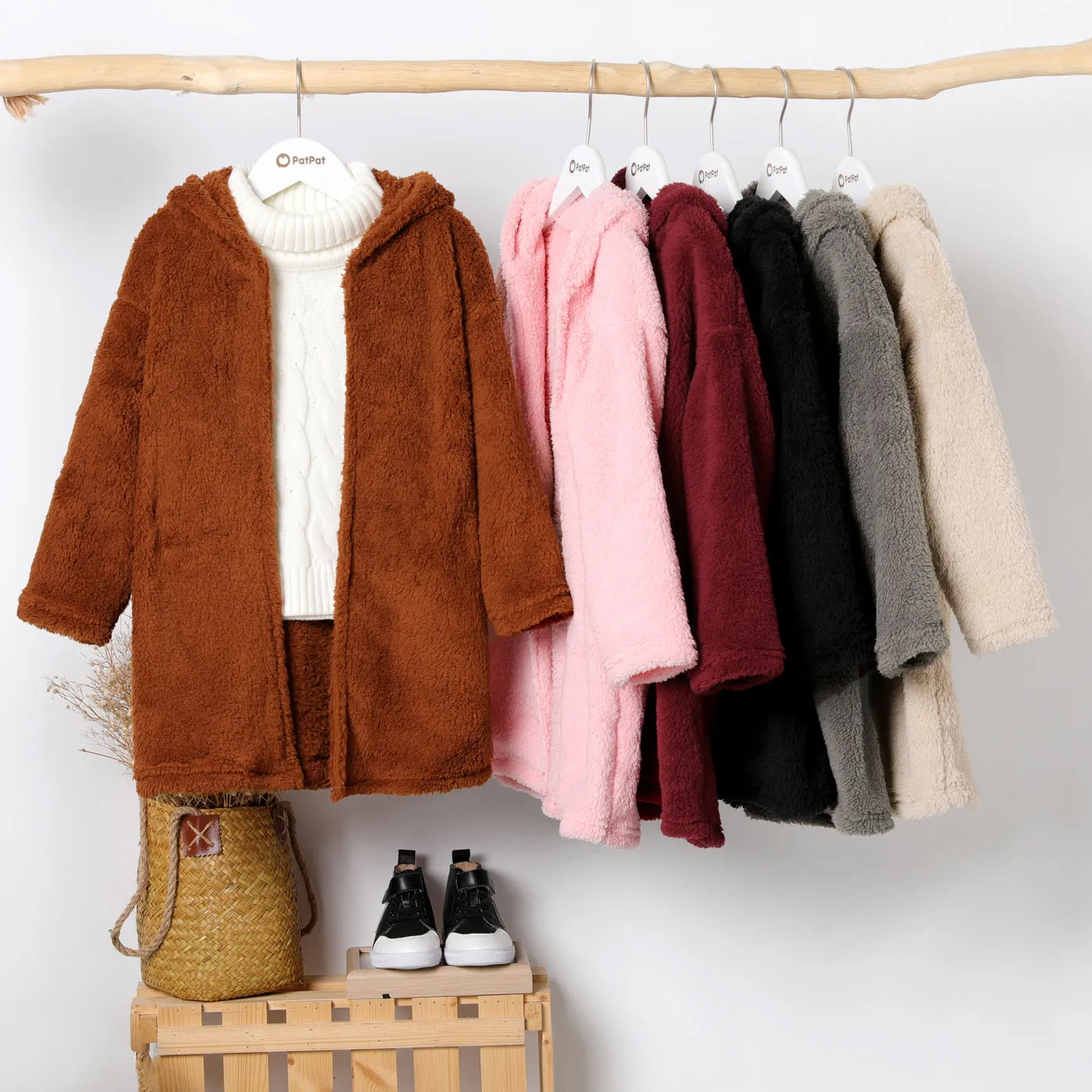 Kid Boy/Kid Girl Solid Color Hooded Fuzzy Coat Jacket