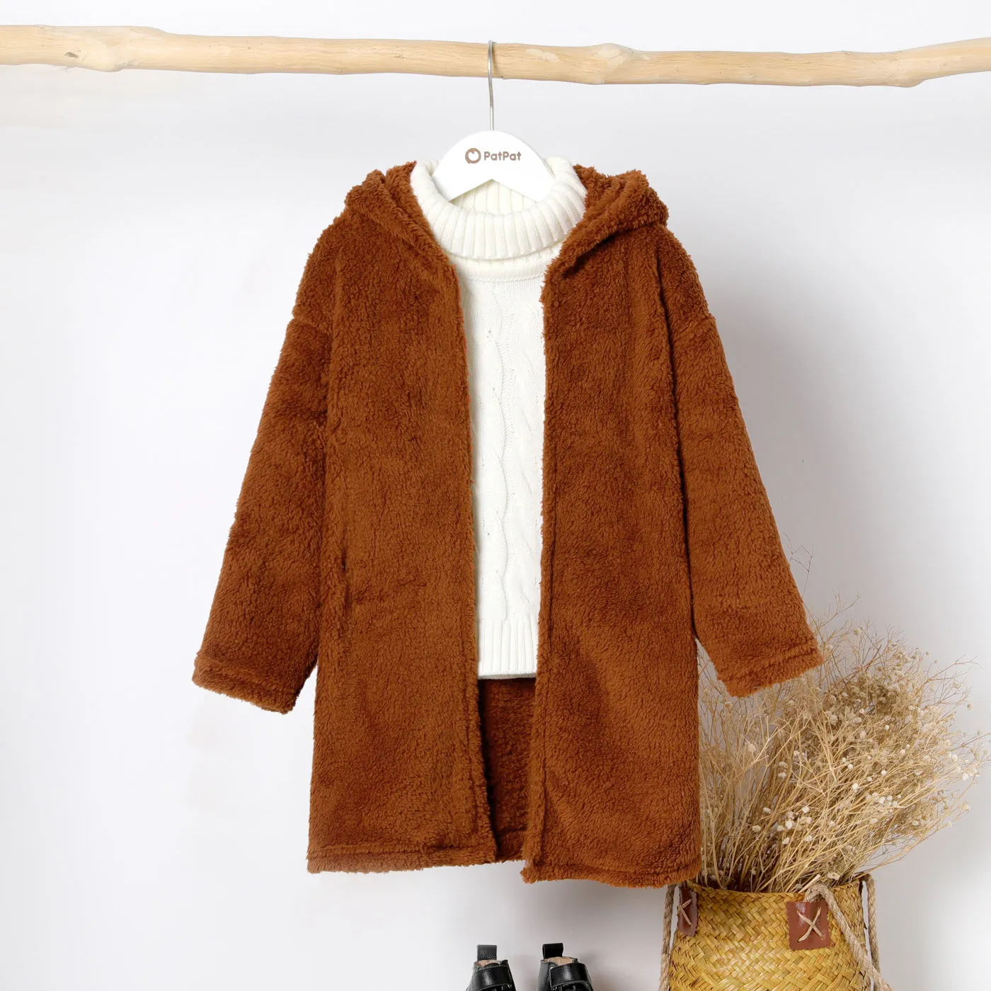 Kid Boy/Kid Girl Solid Color Hooded Fuzzy Coat Jacket
