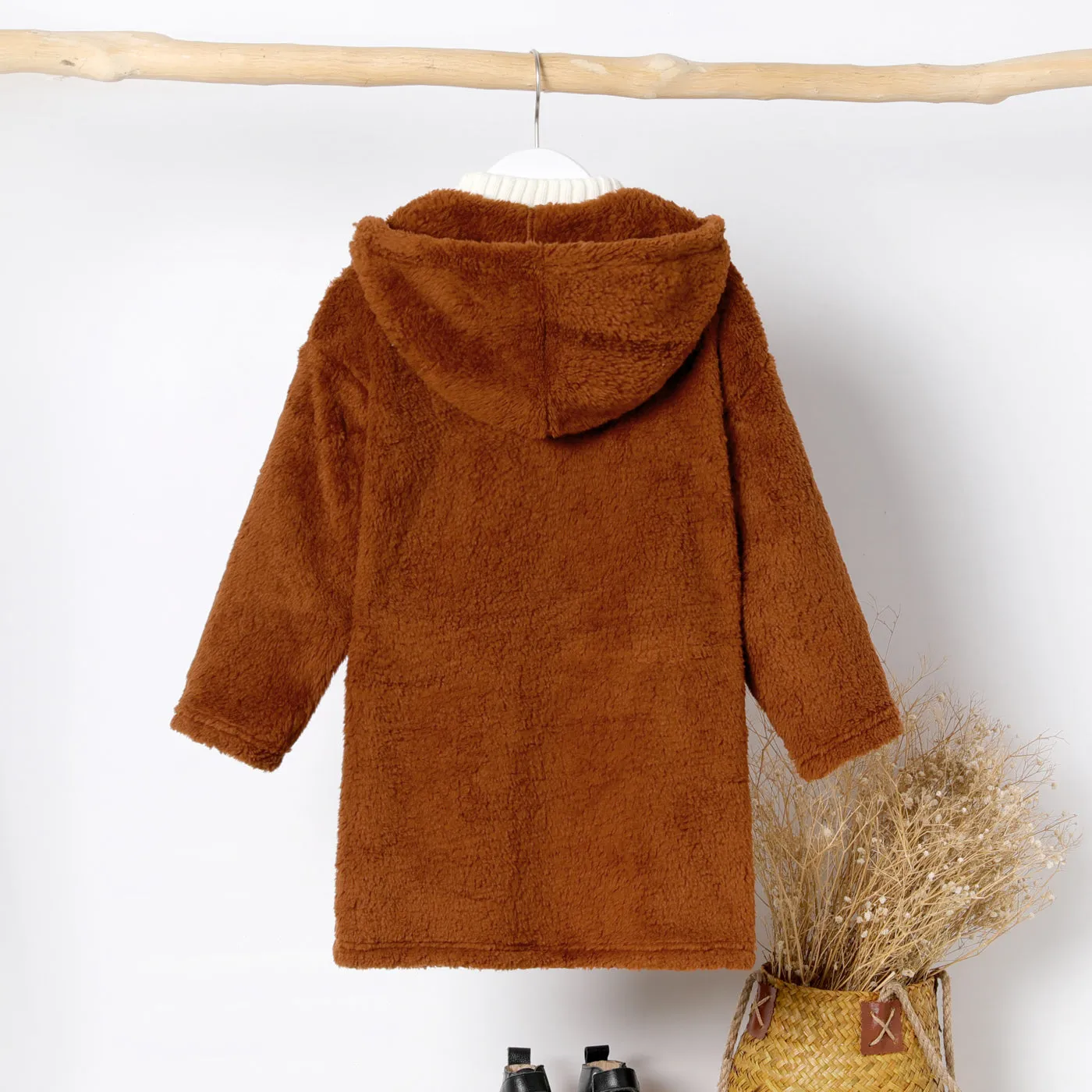 Kid Boy/Kid Girl Solid Color Hooded Fuzzy Coat Jacket