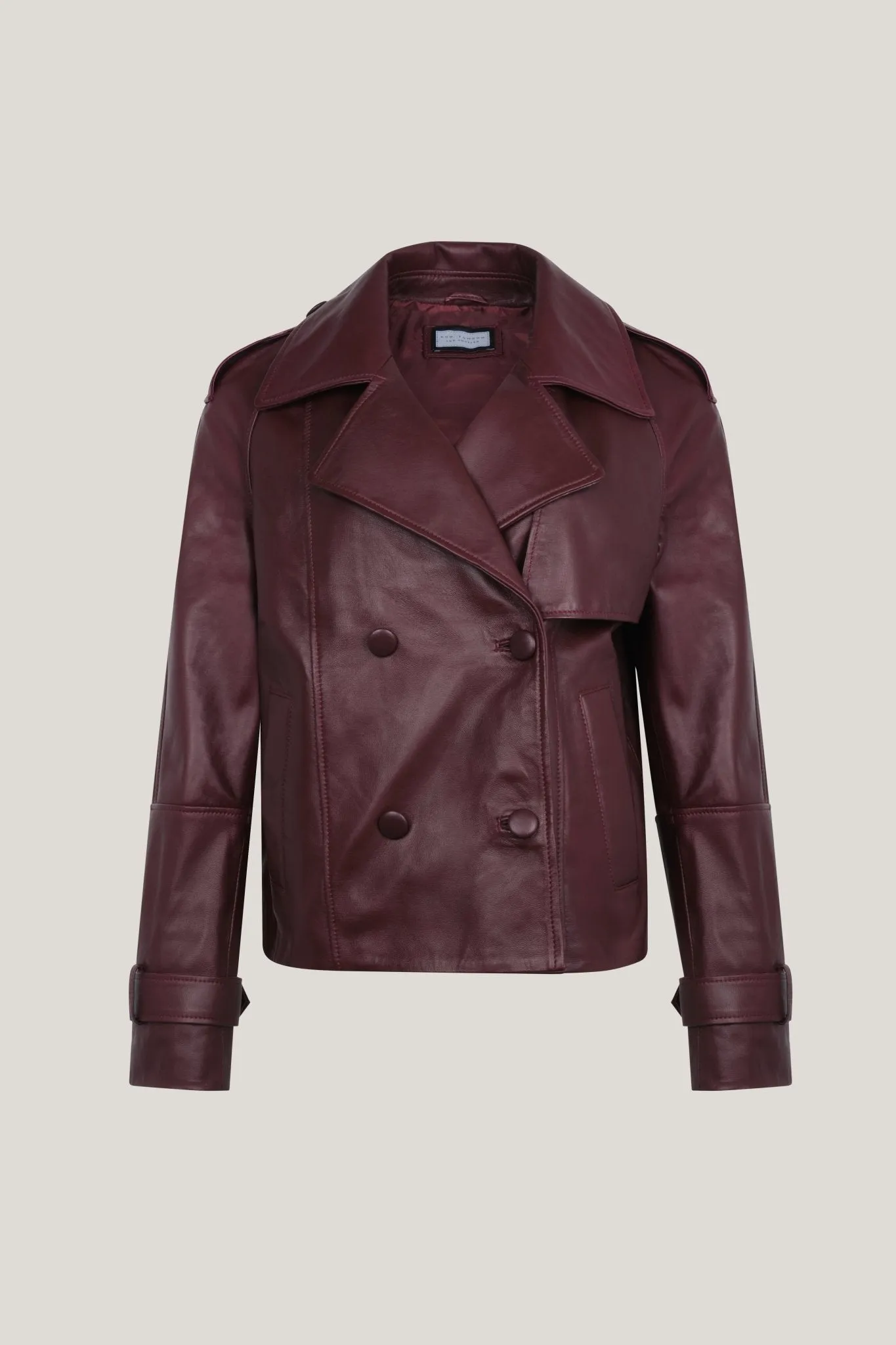 Lambskin Leather Double Breasted Short Trench Jacket - Burgundy