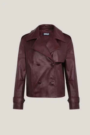 Lambskin Leather Double Breasted Short Trench Jacket - Burgundy
