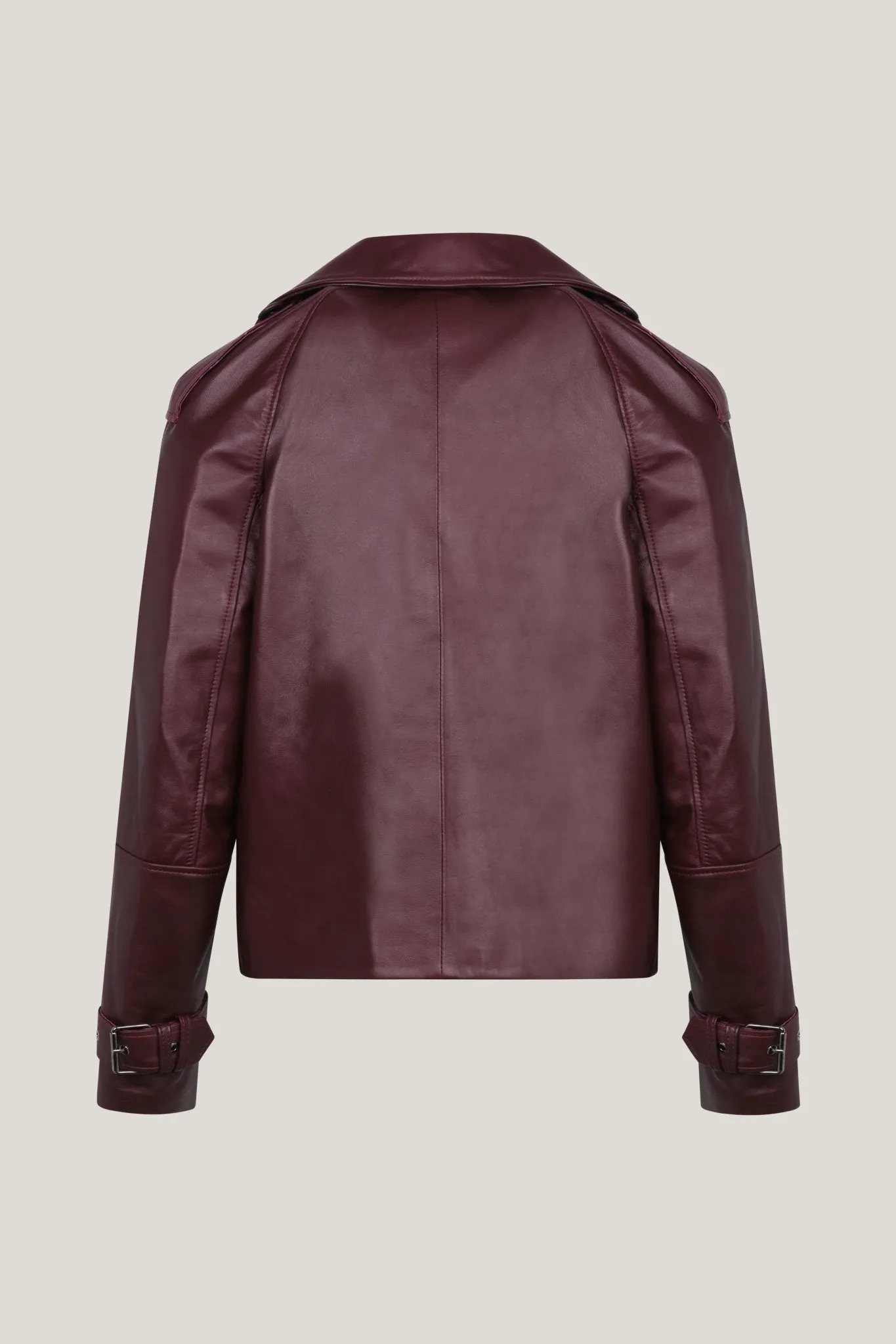 Lambskin Leather Double Breasted Short Trench Jacket - Burgundy