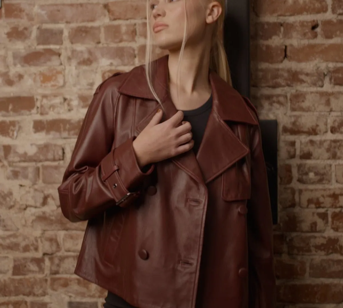 Lambskin Leather Double Breasted Short Trench Jacket - Burgundy