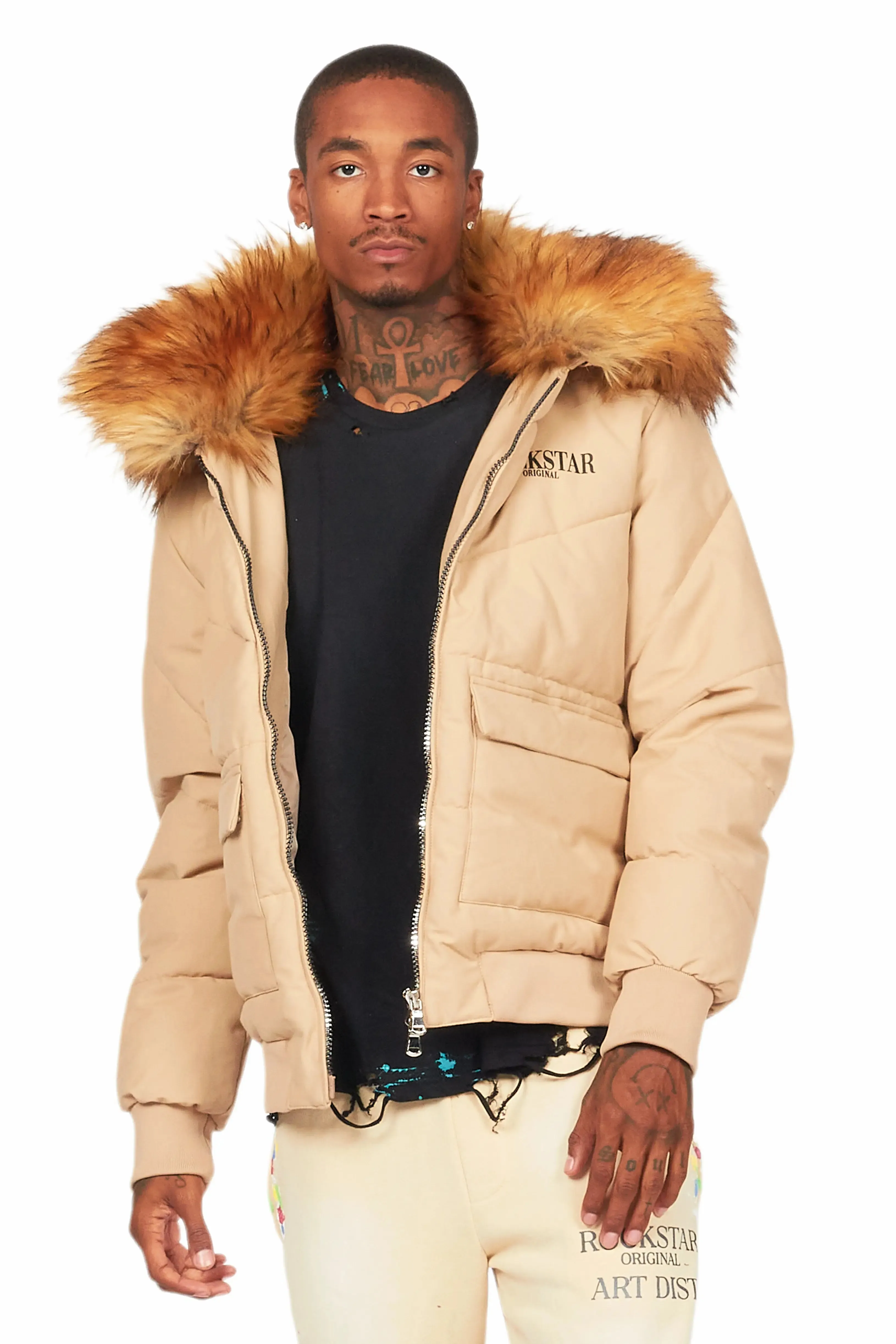 Langston Beige Puffer Jacket with Fur Hood