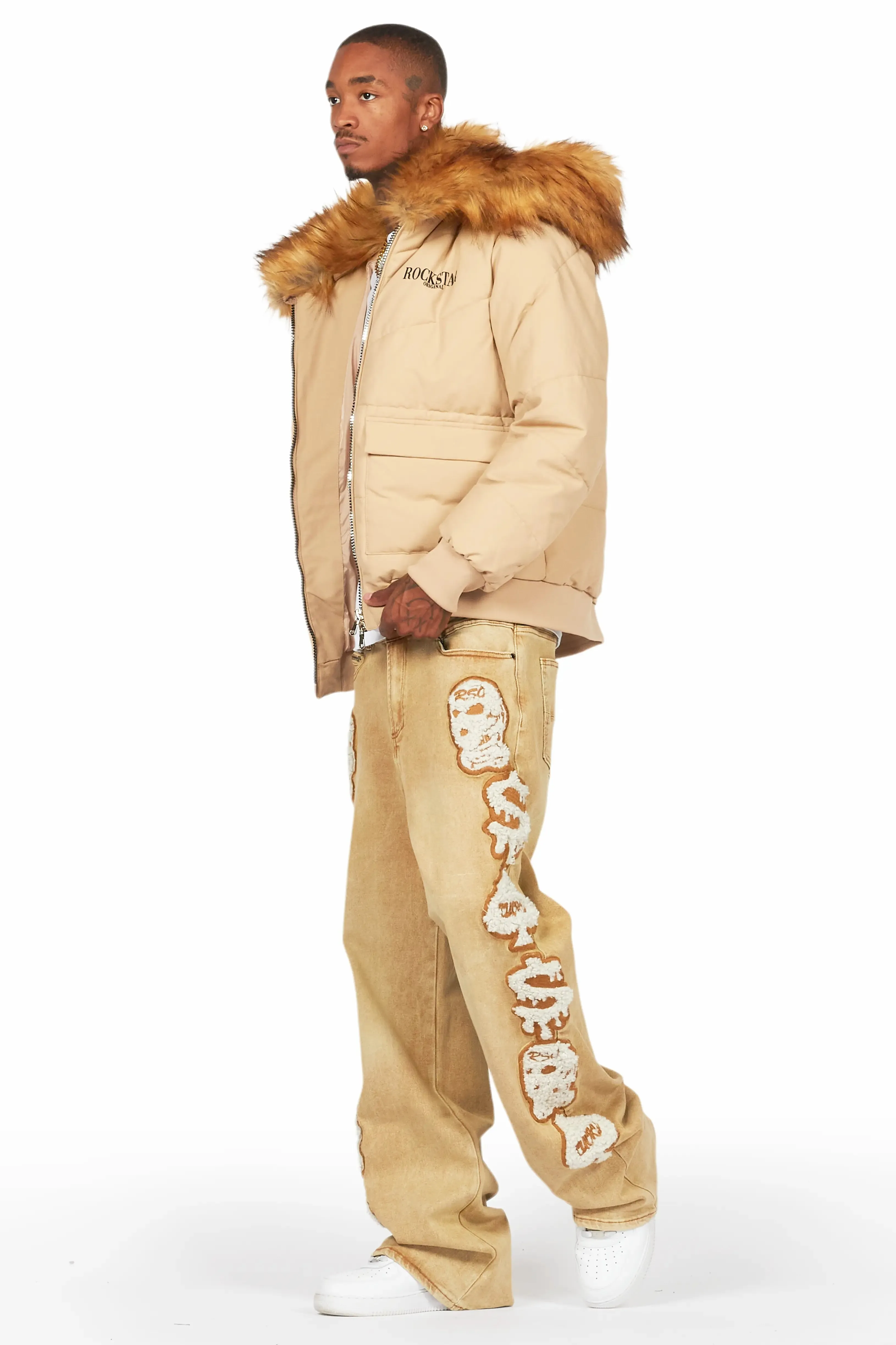 Langston Beige Puffer Jacket with Fur Hood
