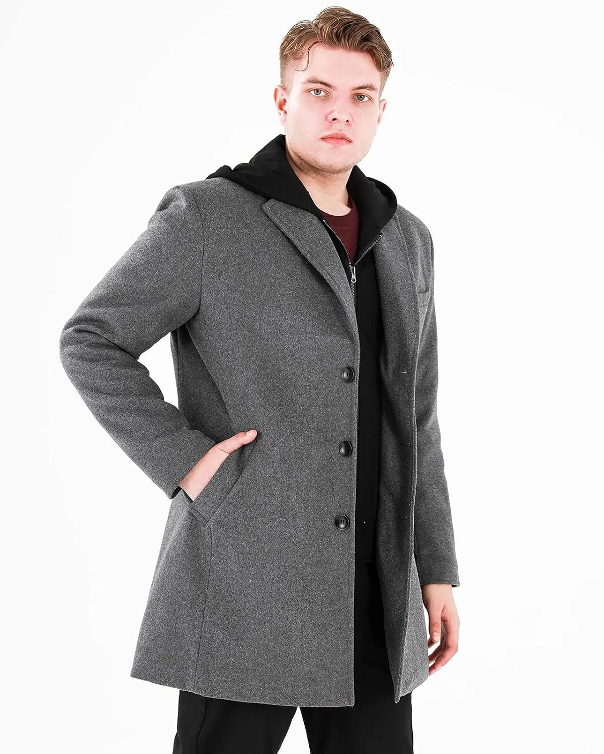 Lisskolo Men's Wool Blend Overcoat with Detachable Hooded Trench Coat Hip Length