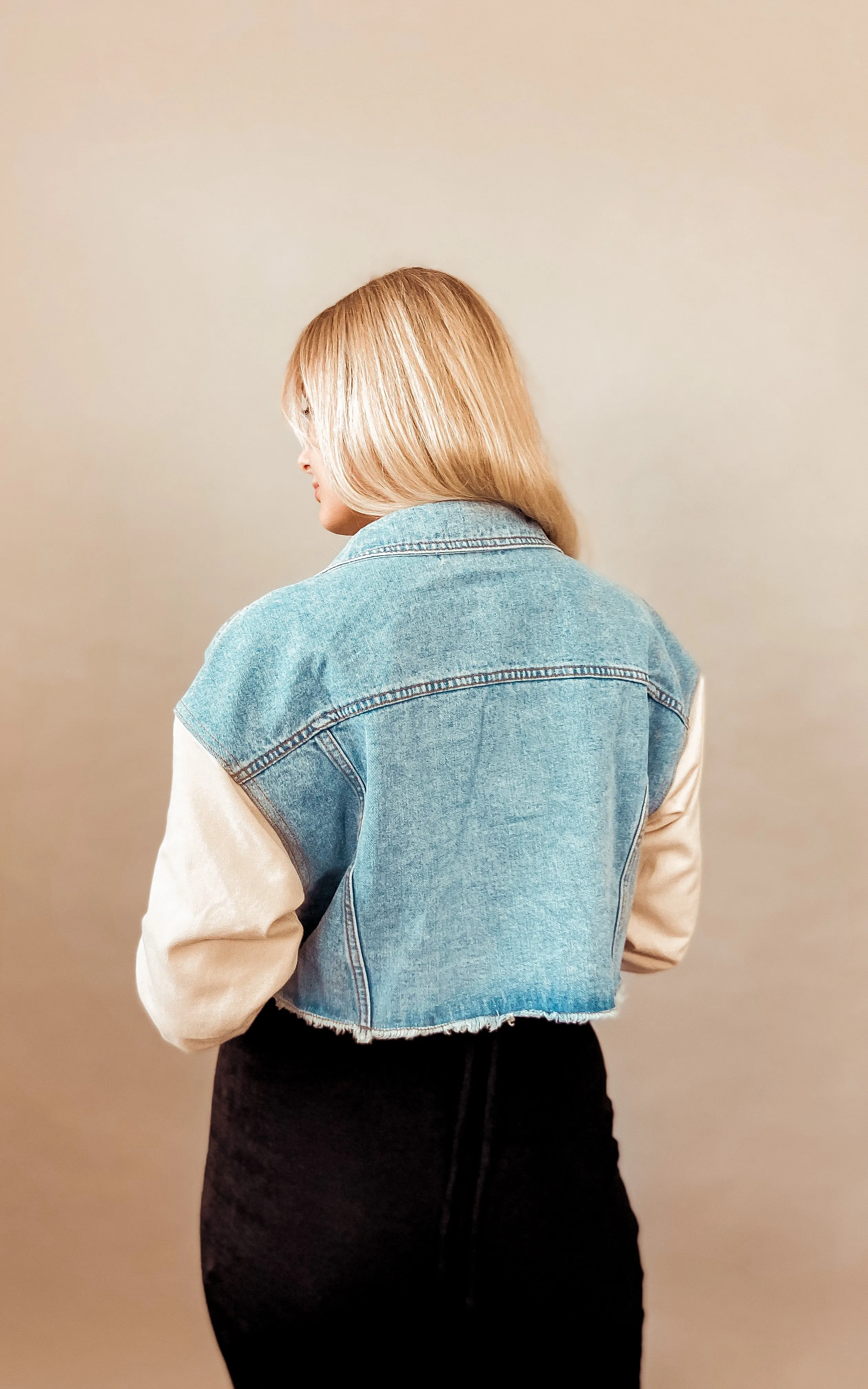 Luna Crop Denim Hoodie (Blue/Cream)