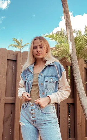 Luna Crop Denim Hoodie (Blue/Cream)