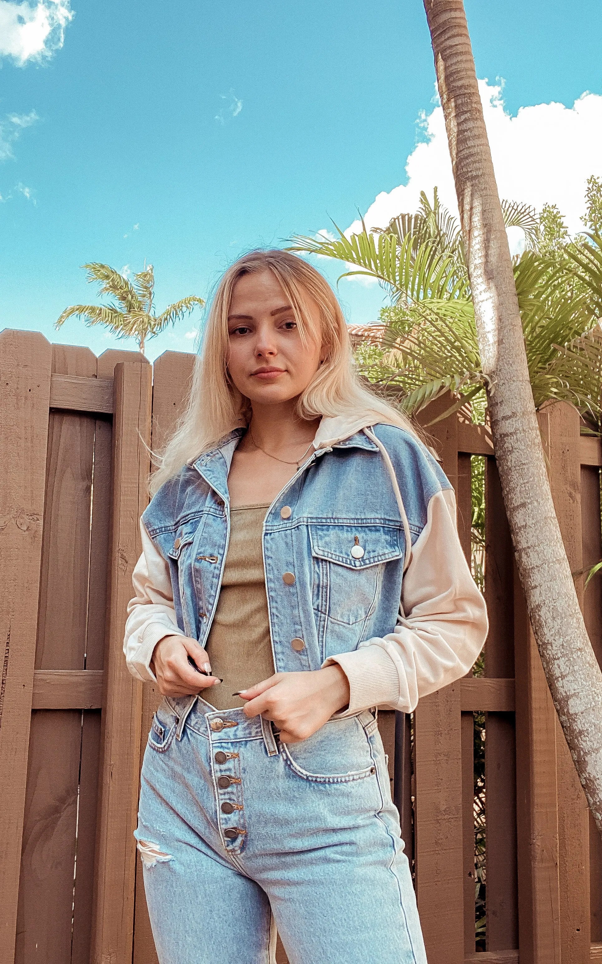 Luna Crop Denim Hoodie (Blue/Cream)