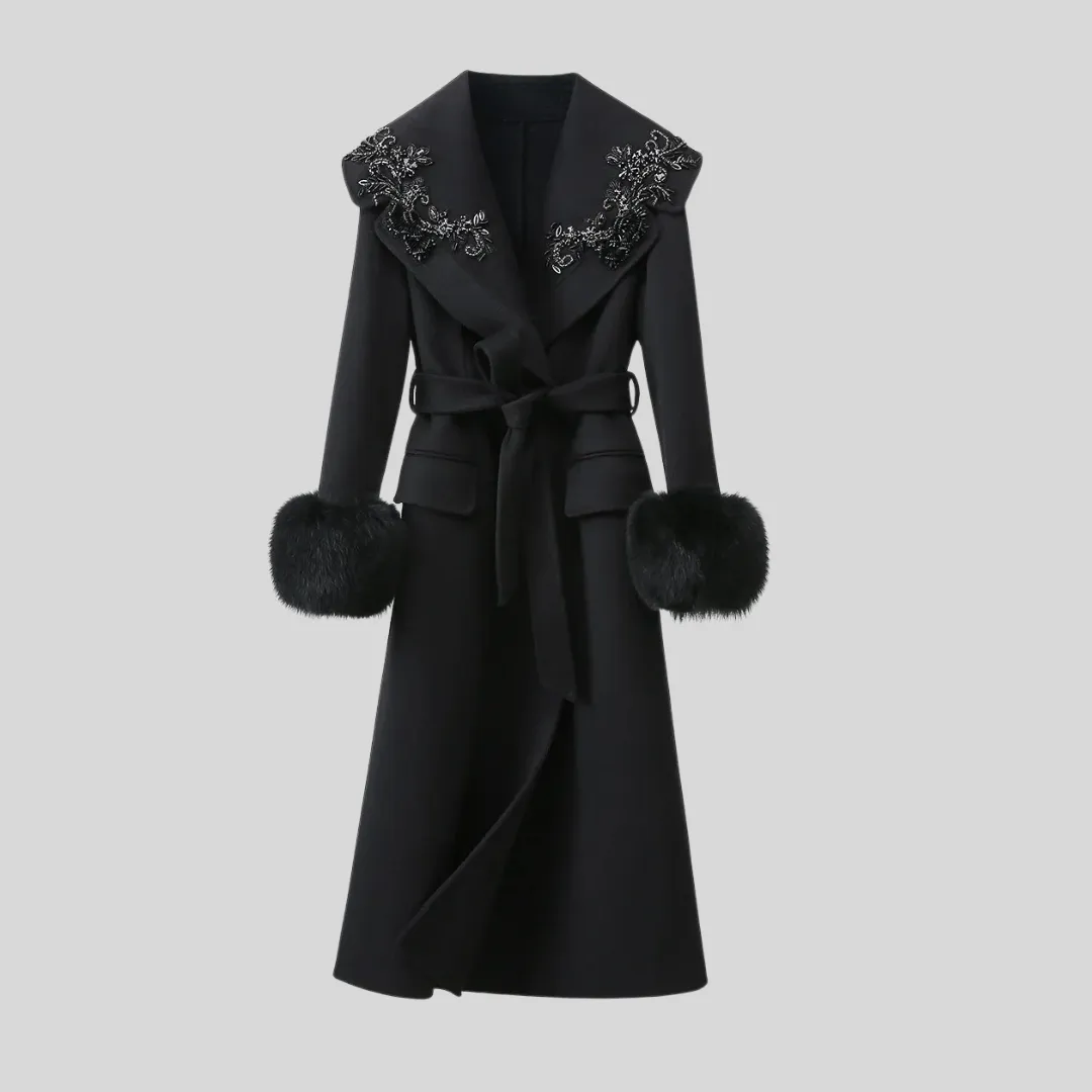Luxury Cashmere Overcoat with Fox Fur Cuffs and Floral 3D Accents - Black