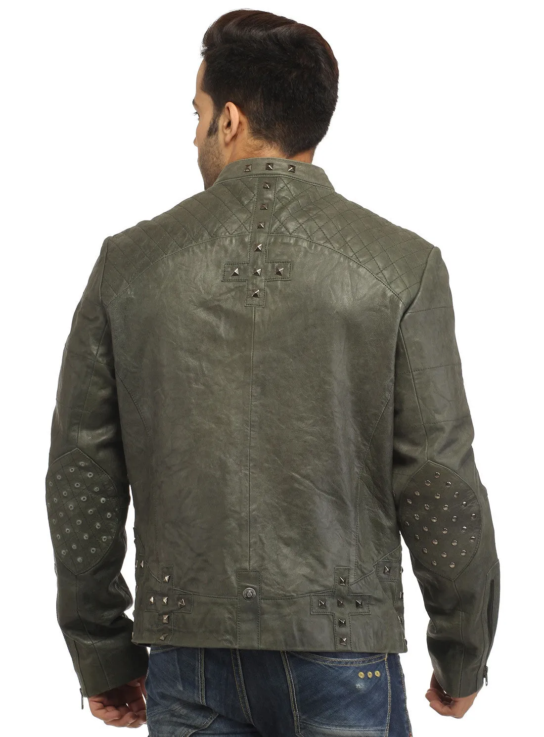 Men's Leather Washed Vintage Studded Rugged Jacket