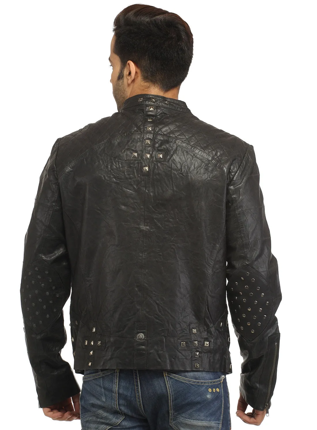 Men's Leather Washed Vintage Studded Rugged Jacket