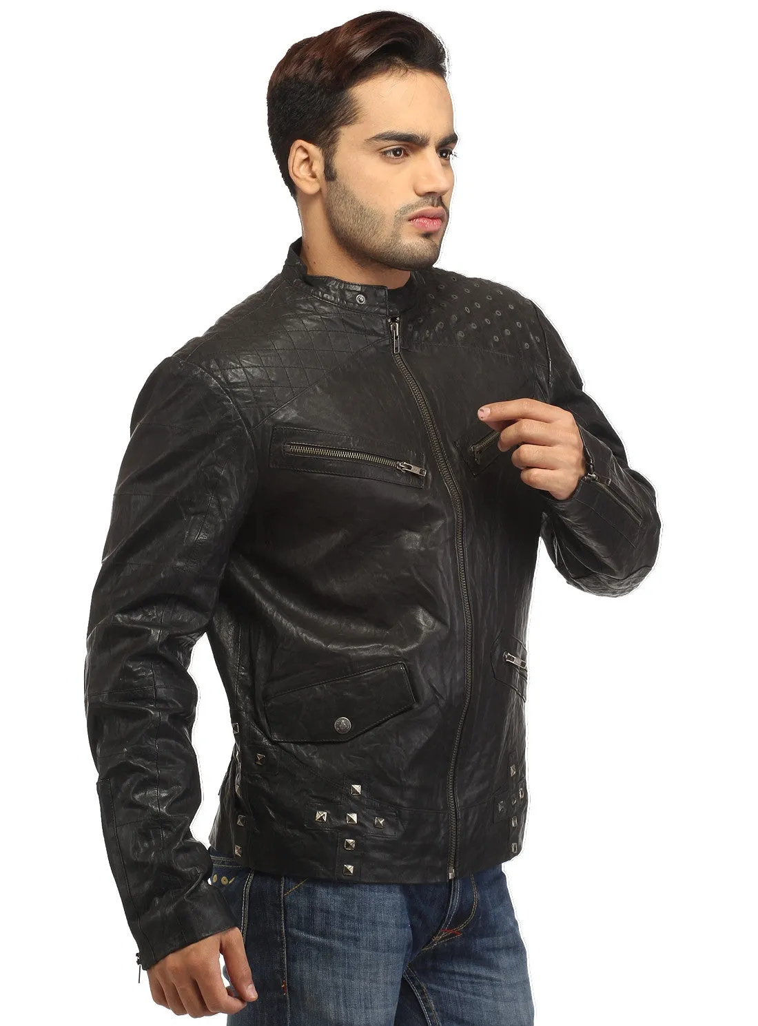 Men's Leather Washed Vintage Studded Rugged Jacket
